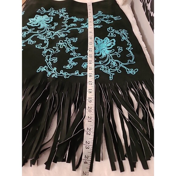 Vintage Western Rodeo Fringe Black Blue Leather Embroidered Skirt Size 10 - Picture 8 of 10